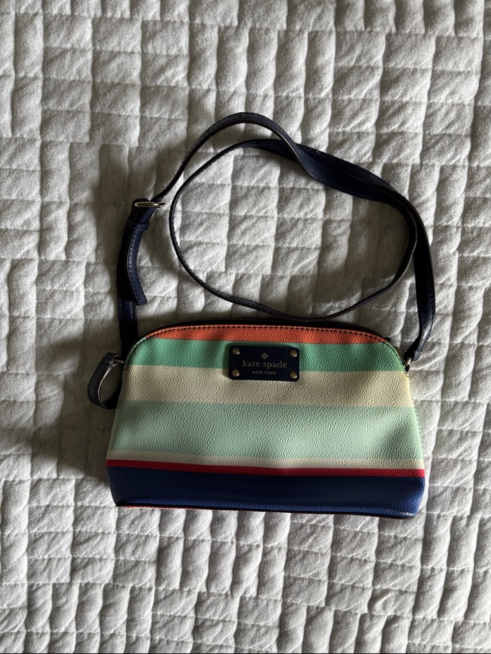 Kate Spade Navy, Cream, Mint & Coral leather Striped Crossbody Bag.